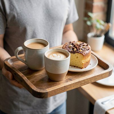 a tray being carried with two cups and a cake