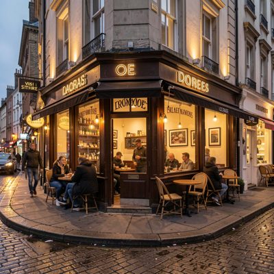a corner cafe seen from the street at dusk