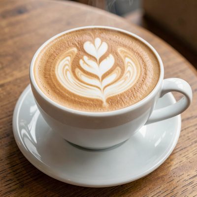 a latte with a rosetta poured on top