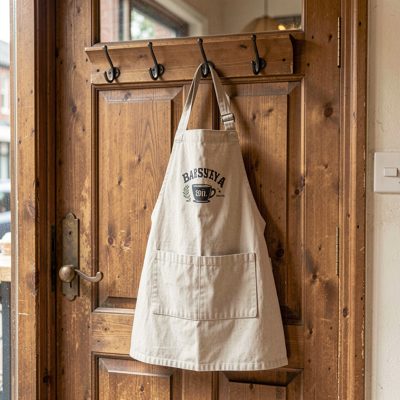 a barista's apron hanging on a hook by the door