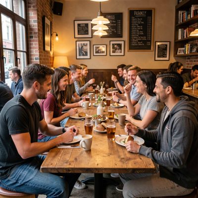 a group of friends at a long cafe table