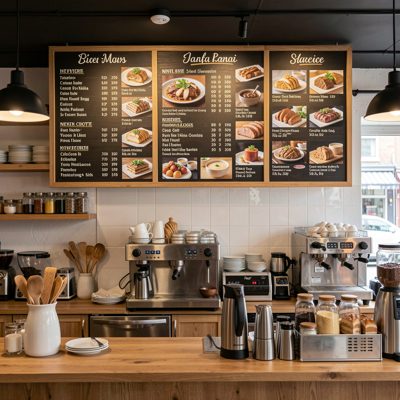 a cafe menu board above the counter