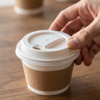 a paper cup lid being pressed on