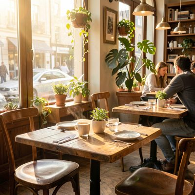 a cafe with morning sun across the tables