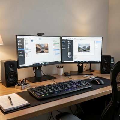 a dual monitor workstation on a tidy desk