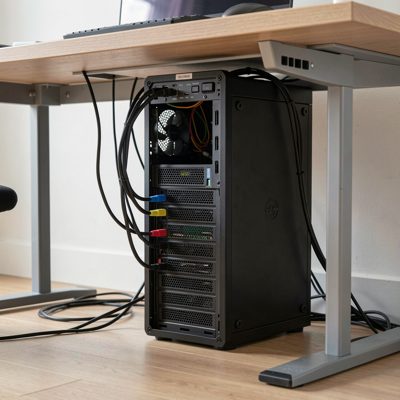 a workstation tower under a desk with cables managed