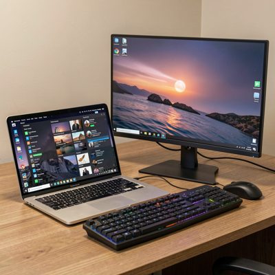 a laptop open beside an external monitor and keyboard