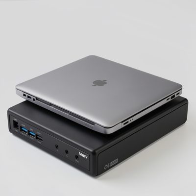 a laptop closed on a docking station
