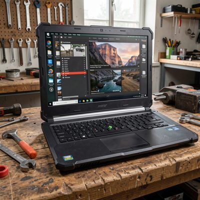 a rugged laptop on a workbench