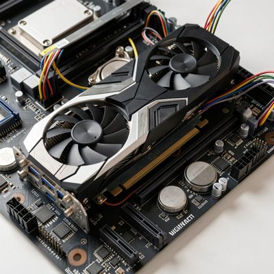 a graphics card being installed into a motherboard
