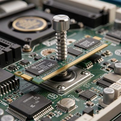 an nvme drive being screwed into a motherboard
