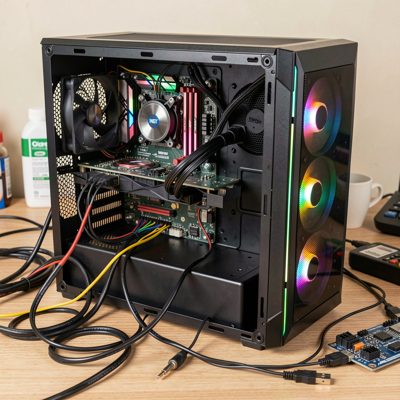 a custom pc build in progress with cables loose