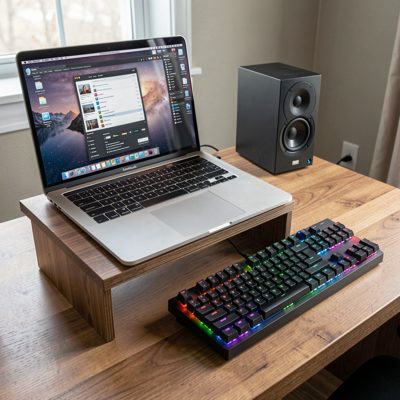 a laptop on a stand beside a mechanical keyboard