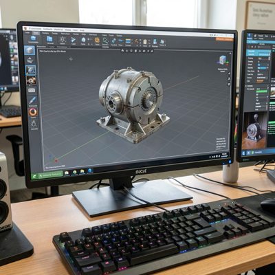 a cad workstation showing a 3d model on screen