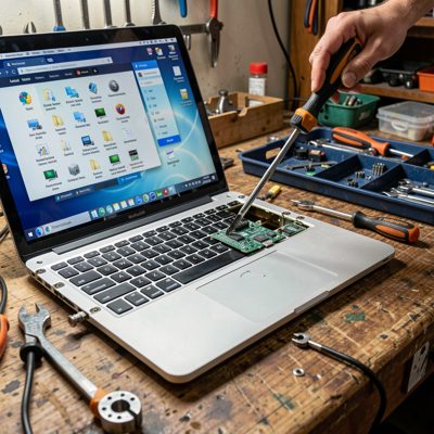 a laptop being repaired with a screwdriver and parts tray