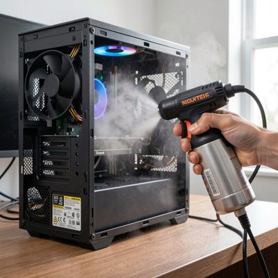 a desktop pc being dusted with compressed air
