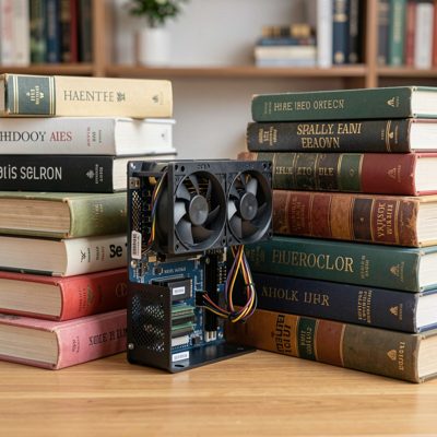 a small form factor pc beside a stack of books