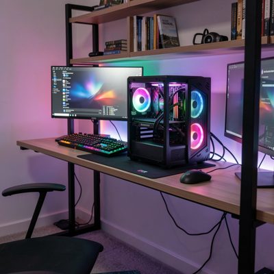 a workstation under a desk with rgb lighting off
