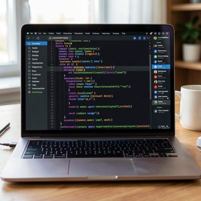 a laptop screen showing code in a dark editor