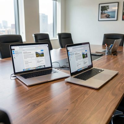 a pair of laptops open on a meeting room table