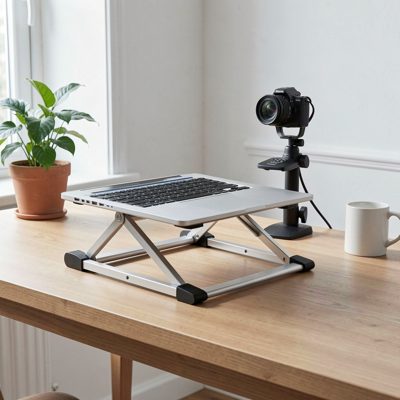 a desk with a laptop riser and external webcam