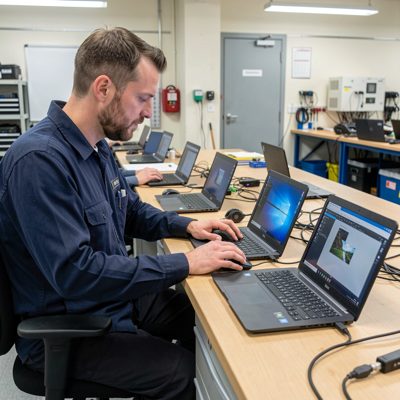 a technician imaging several laptops on a bench