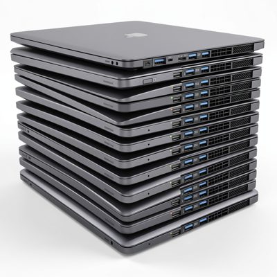 a stack of identical laptops ready for deployment