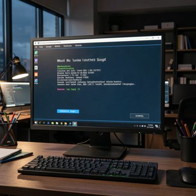 a workstation boot screen on a monitor in a dark office