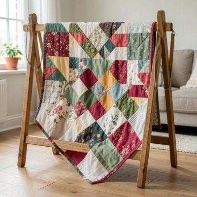a quilting frame with a patchwork stretched