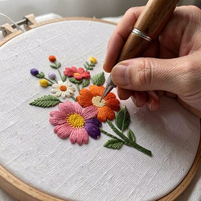 a hand embroidering a floral motif