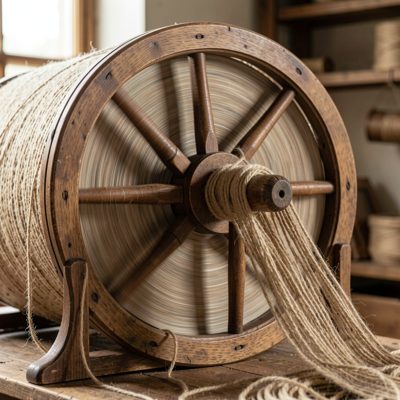 a spinning wheel drawing out yarn
