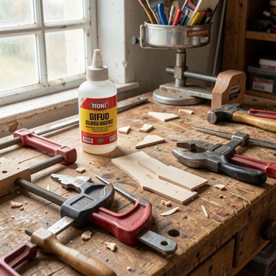 a workbench with glue, clamps and offcuts