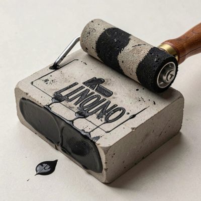 a lino block inked with a roller