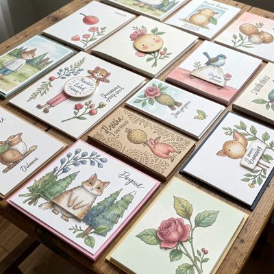 a batch of handmade cards laid out