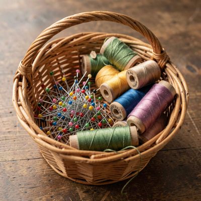 a sewing basket with pins and thread