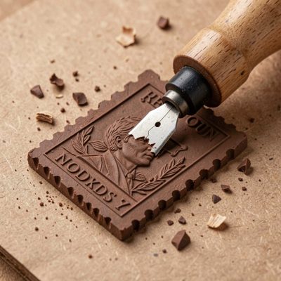 a stamp carving being cut from rubber