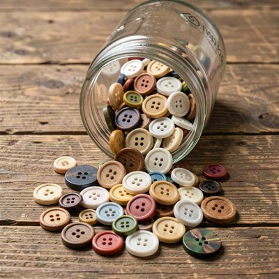 a jar of buttons tipped onto a table