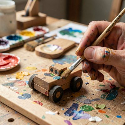 a hand painting a wooden toy