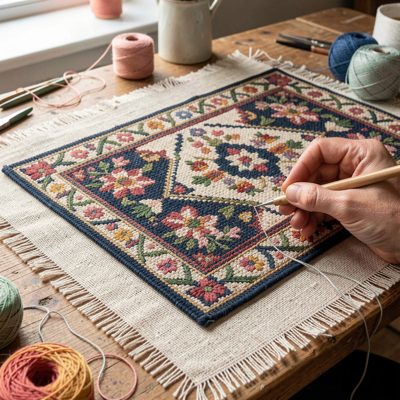 a punch needle rug in progress