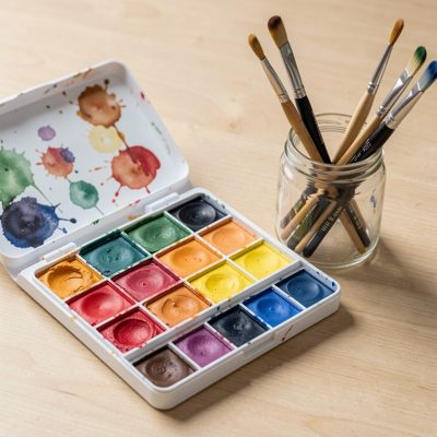 a set of watercolour pans and a brush jar