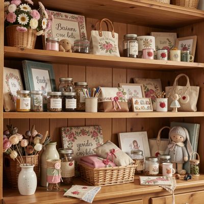 a shelf of finished handmade goods