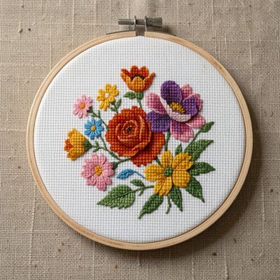 a hoop of half finished cross stitch