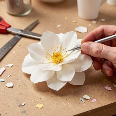 a paper flower being assembled
