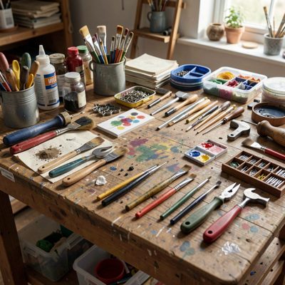 a craft table covered in tools and materials