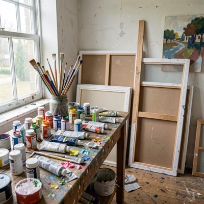an artist's studio with paint tubes, brushes and canvases