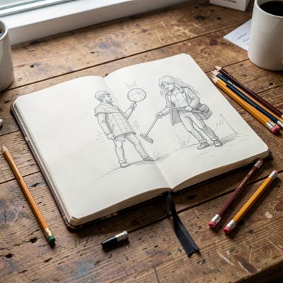 an open sketchbook with pencils on a wooden desk