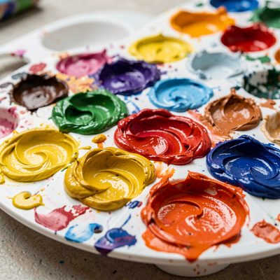 colourful paint textures on a palette photographed close up