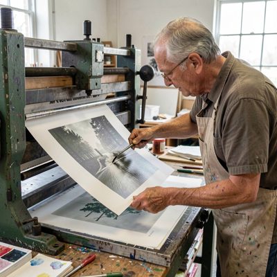 a printmaker pulling a print from a press