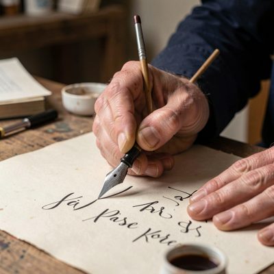 a calligrapher writing with a broad nib pen