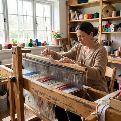 a weaver at a floor loom in a bright workshop